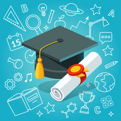 University student cap mortar board and diploma with official stamp and ribbon on education icons background. Flat style vector illustration.