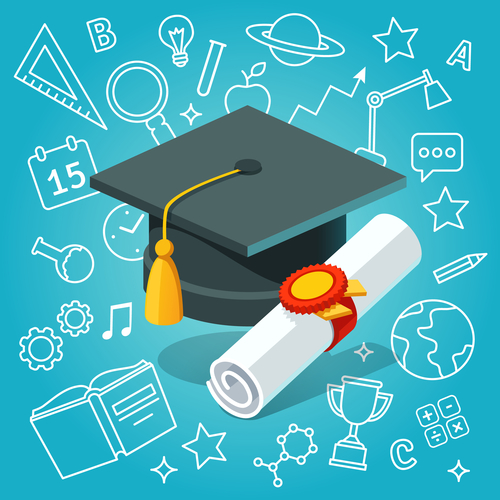 University student cap mortar board and diploma University student cap mortar board and diploma with official stamp and ribbon on education icons background. Flat style vector illustration.